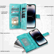 For iPhone 16 Multi-Card Totem Zipper Leather Phone Case(Green)