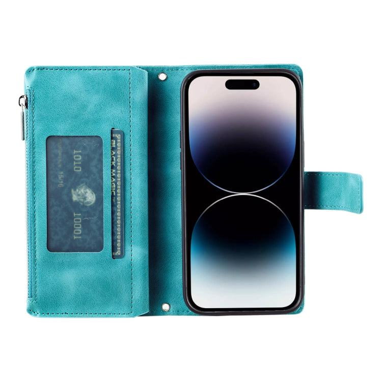 For iPhone 16 Multi-Card Totem Zipper Leather Phone Case(Green)