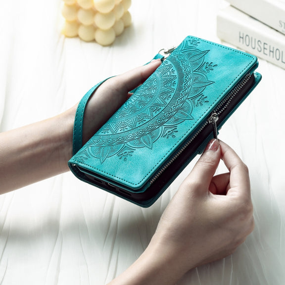 For iPhone 16 Multi-Card Totem Zipper Leather Phone Case(Green)