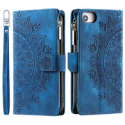 For iPhone 16e Multi-Card Totem Zipper Leather Phone Case(Blue)