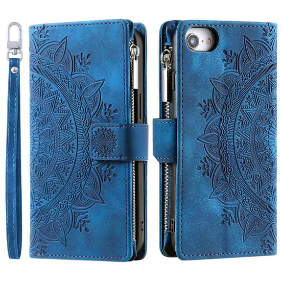 For iPhone 16e Multi-Card Totem Zipper Leather Phone Case(Blue)