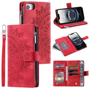 For iPhone 16e Multi-Card Totem Zipper Leather Phone Case(Red)