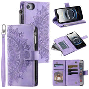 For iPhone 16e Multi-Card Totem Zipper Leather Phone Case(Purple)