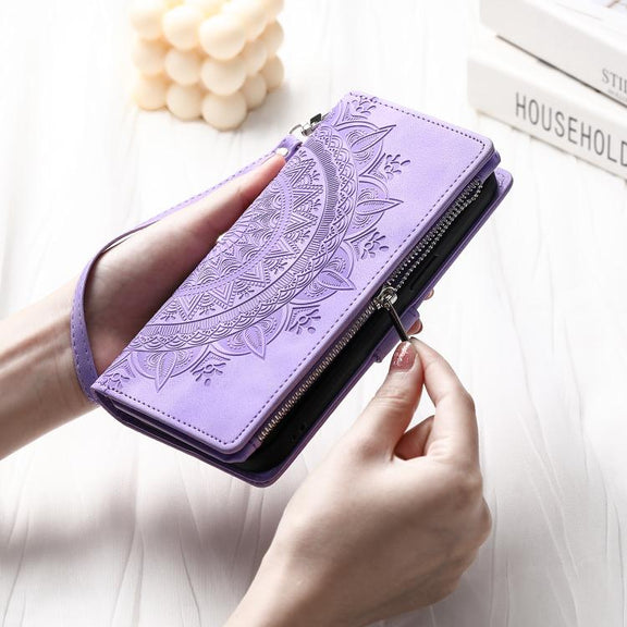 For iPhone 16e Multi-Card Totem Zipper Leather Phone Case(Purple)