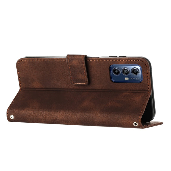 For Motorola Moto G Play 2024 Dream Triangle Leather Phone Case with Lanyard(Brown)