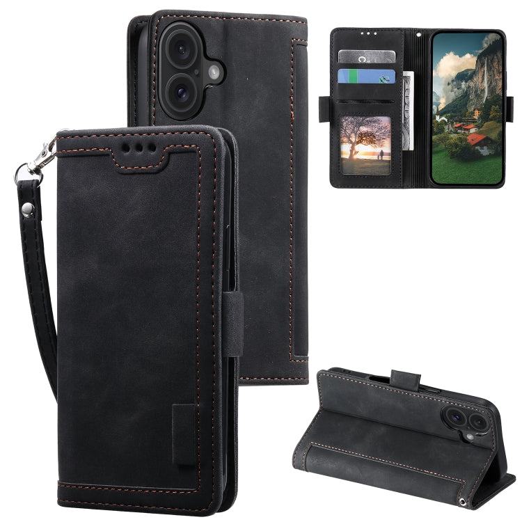 For iPhone 16 Retro Splicing Horizontal Flip Leather Phone Case(Black)