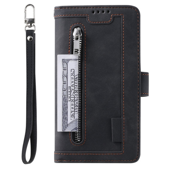 For iPhone 16 Pro Max Nine Card Zipper Bag Leather Phone Case with Lanyard(Black)