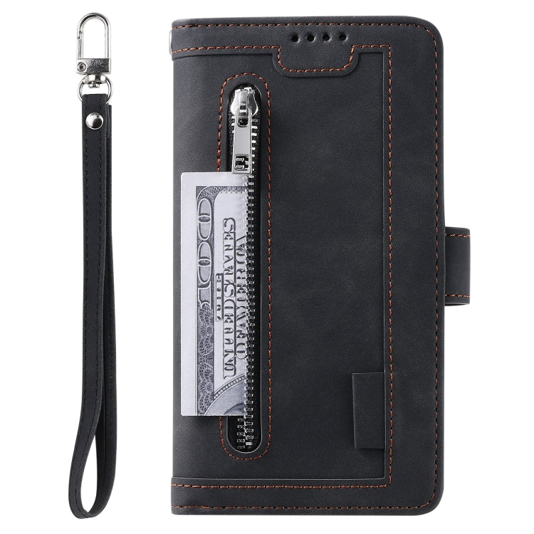 For iPhone 16 Pro Max Nine Card Zipper Bag Leather Phone Case with Lanyard(Black)