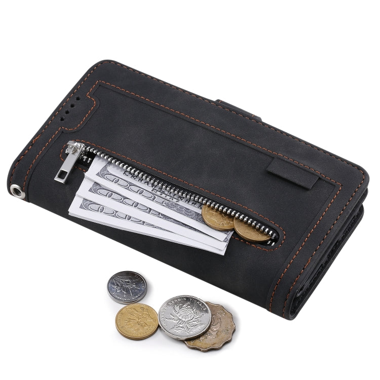 For iPhone 16 Pro Max Nine Card Zipper Bag Leather Phone Case with Lanyard(Black)