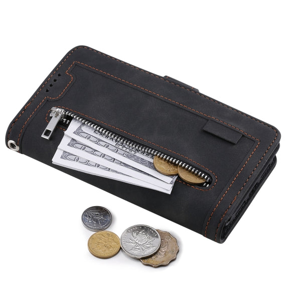 For iPhone 16 Pro Max Nine Card Zipper Bag Leather Phone Case with Lanyard(Black)