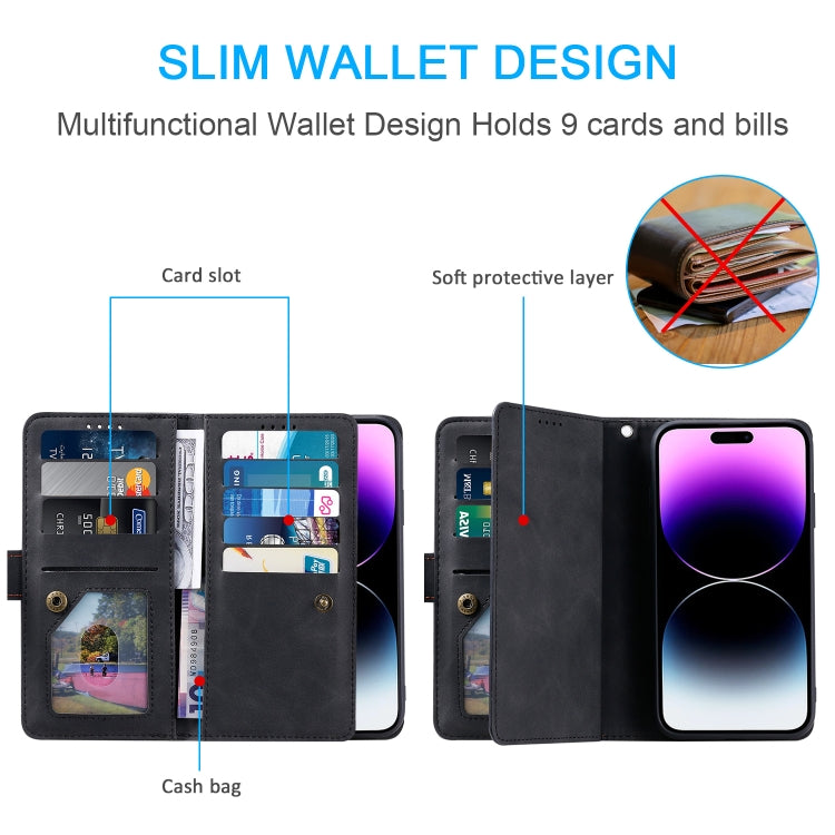 For iPhone 16 Pro Max Nine Card Zipper Bag Leather Phone Case with Lanyard(Black)