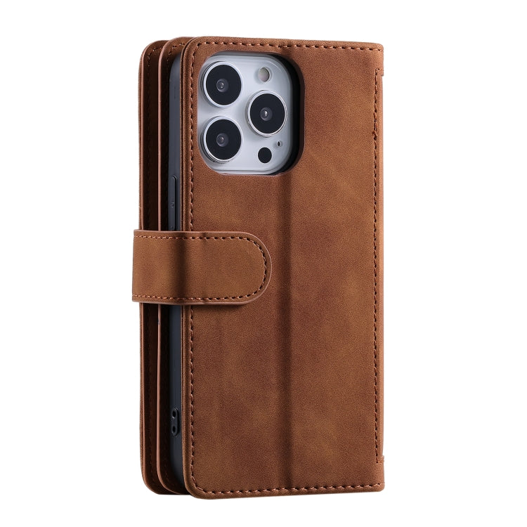For iPhone 16 Pro Nine Card Zipper Bag Leather Phone Case with Lanyard(Brown)