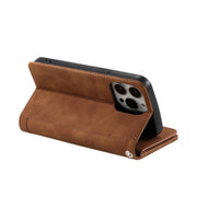 For iPhone 16 Pro Nine Card Zipper Bag Leather Phone Case with Lanyard(Brown)