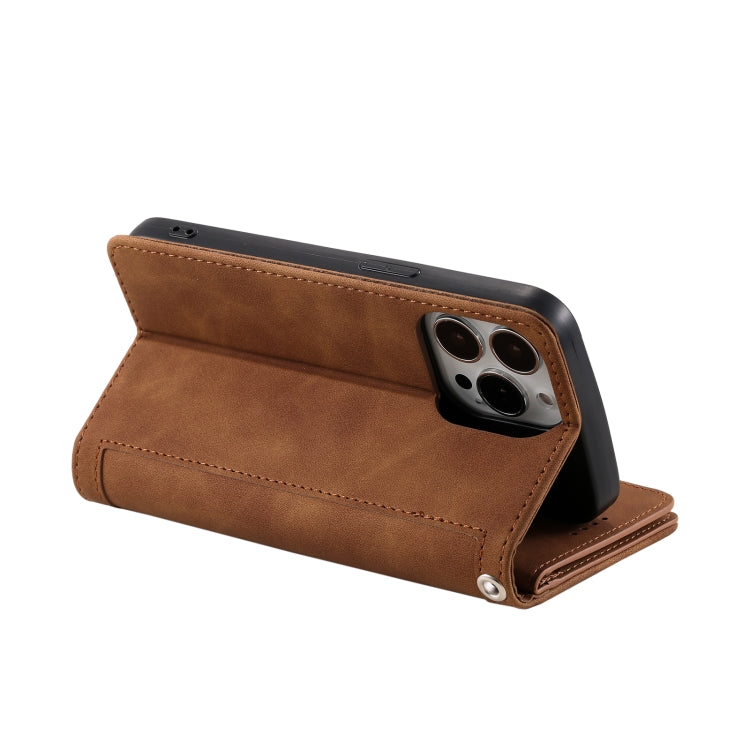 For iPhone 16 Pro Nine Card Zipper Bag Leather Phone Case with Lanyard(Brown)