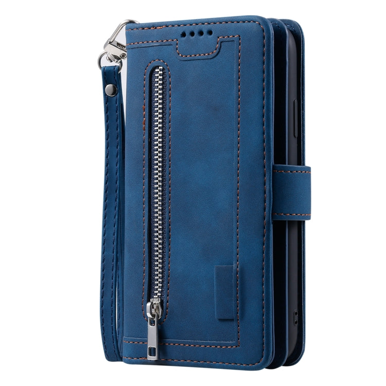For iPhone 16 Plus Nine Card Zipper Bag Leather Phone Case with Lanyard(Blue)