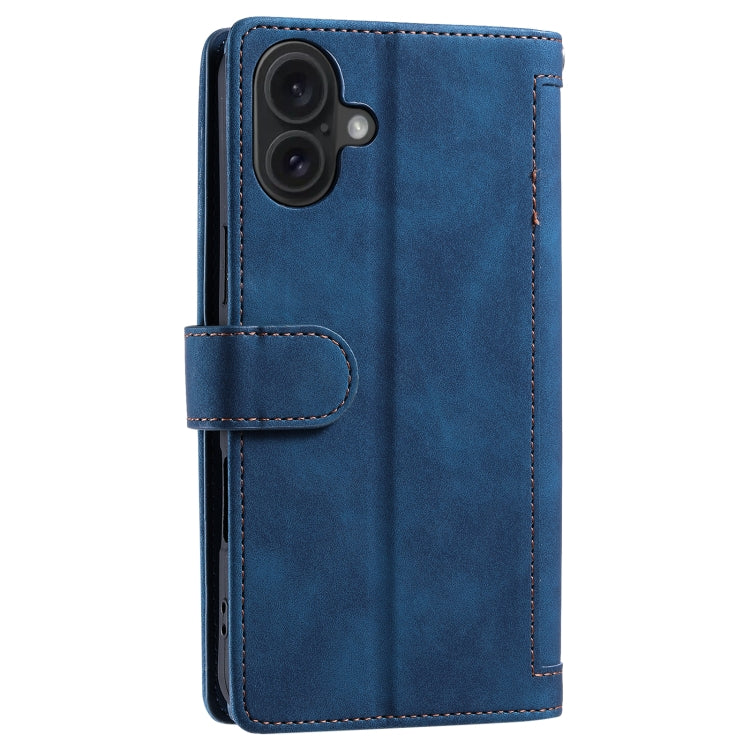 For iPhone 16 Plus Nine Card Zipper Bag Leather Phone Case with Lanyard(Blue)