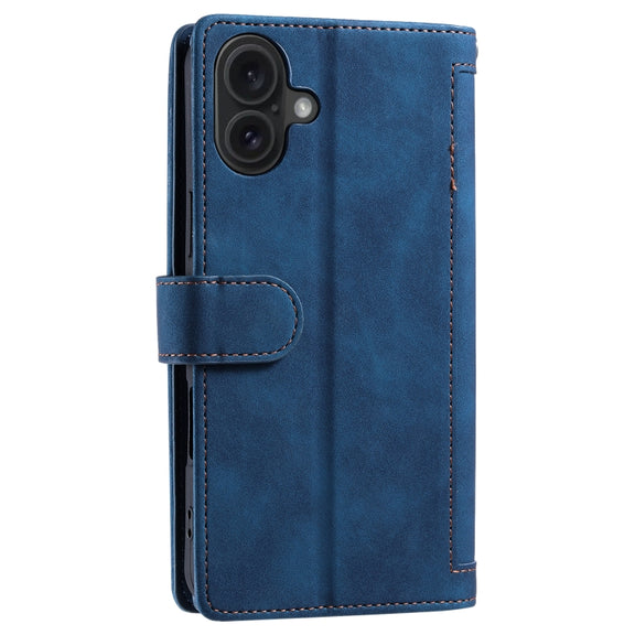 For iPhone 16 Plus Nine Card Zipper Bag Leather Phone Case with Lanyard(Blue)