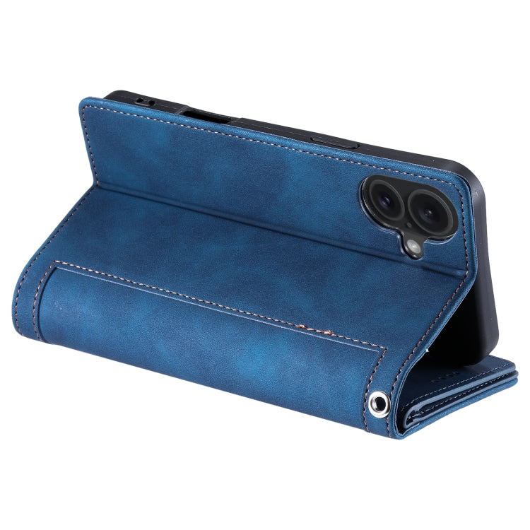 For iPhone 16 Plus Nine Card Zipper Bag Leather Phone Case with Lanyard(Blue)