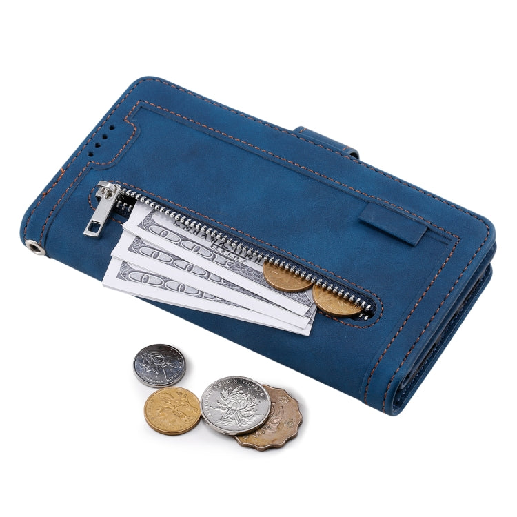 For iPhone 16 Plus Nine Card Zipper Bag Leather Phone Case with Lanyard(Blue)