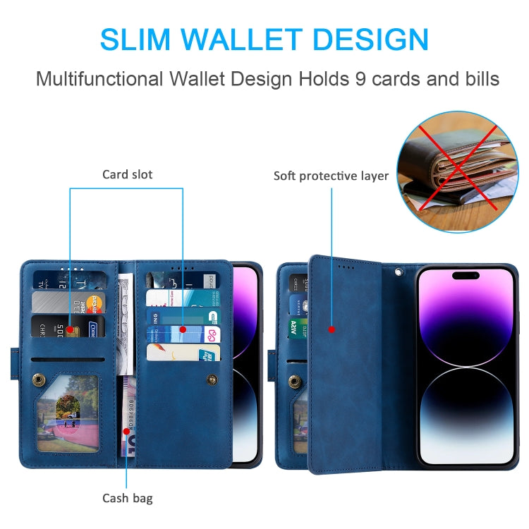 For iPhone 16 Plus Nine Card Zipper Bag Leather Phone Case with Lanyard(Blue)
