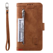 For iPhone 16 Nine Card Zipper Bag Leather Phone Case with Lanyard(Brown)