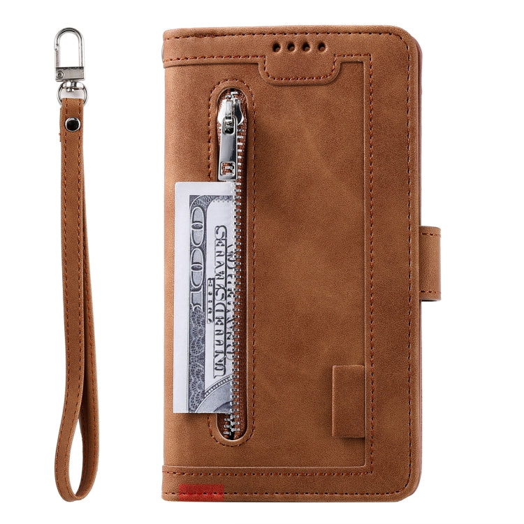 For iPhone 16 Nine Card Zipper Bag Leather Phone Case with Lanyard(Brown)