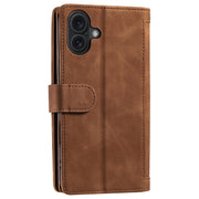 For iPhone 16 Nine Card Zipper Bag Leather Phone Case with Lanyard(Brown)