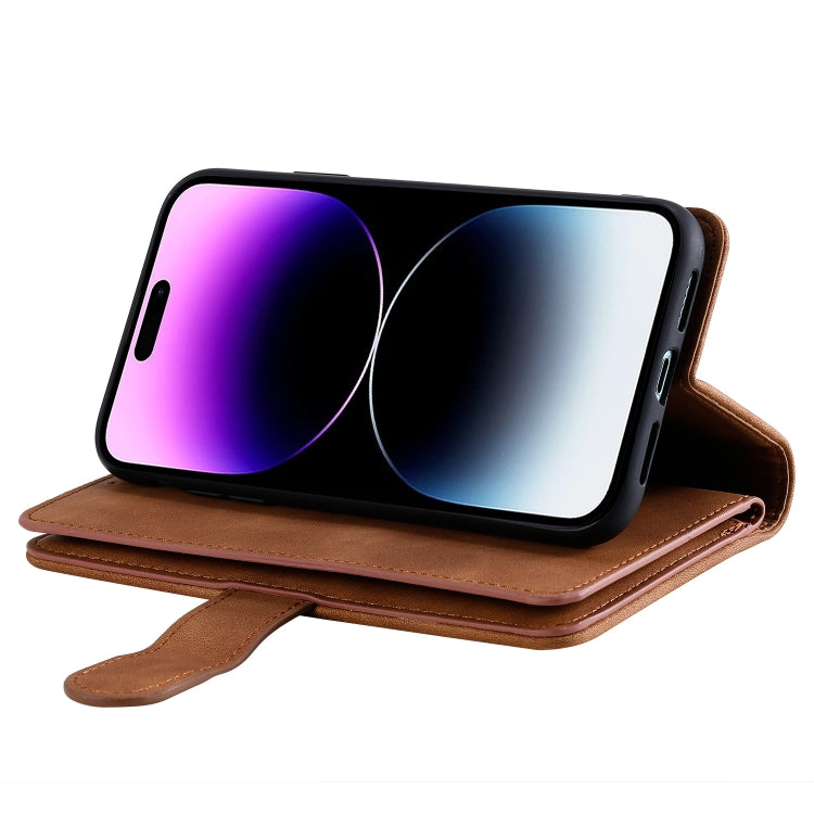 For iPhone 16 Nine Card Zipper Bag Leather Phone Case with Lanyard(Brown)