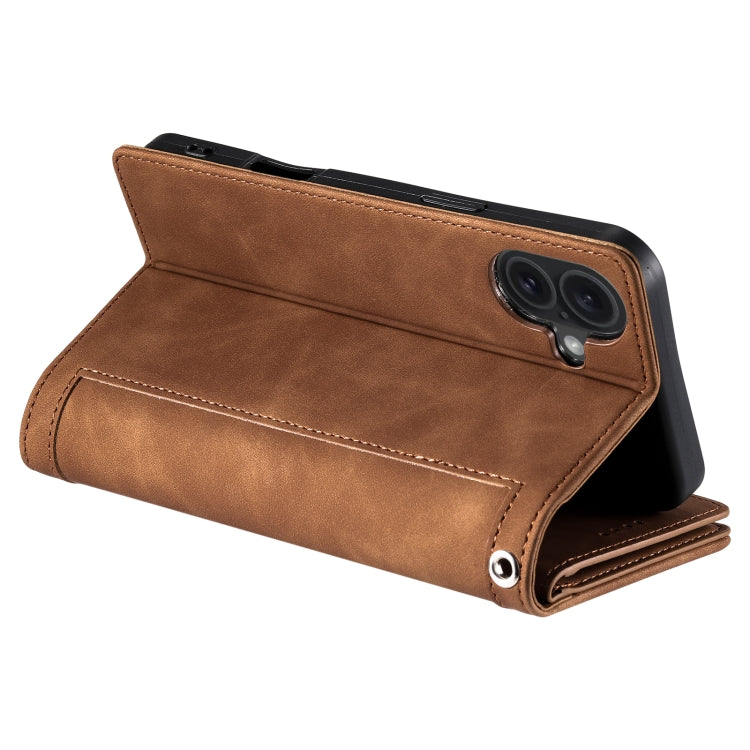 For iPhone 16 Nine Card Zipper Bag Leather Phone Case with Lanyard(Brown)