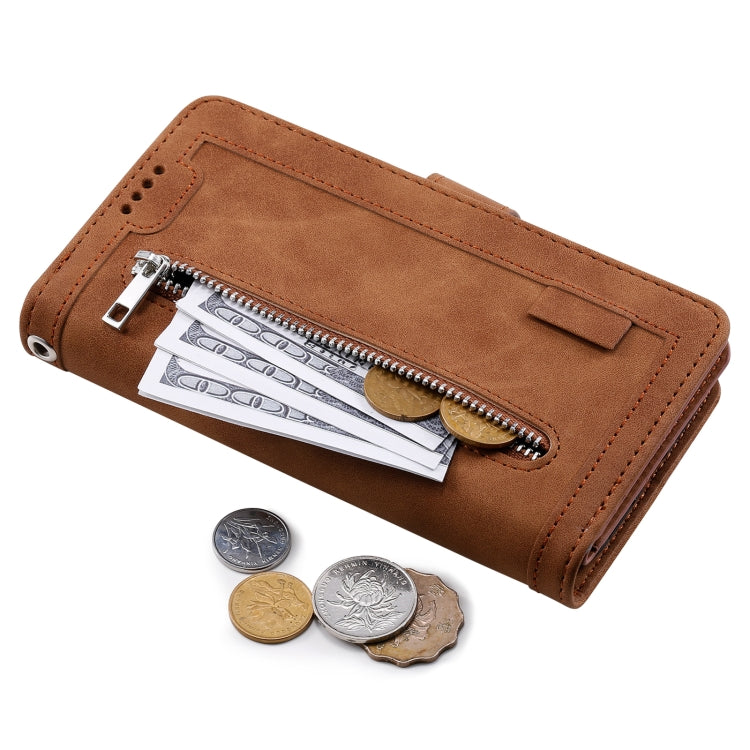 For iPhone 16 Nine Card Zipper Bag Leather Phone Case with Lanyard(Brown)