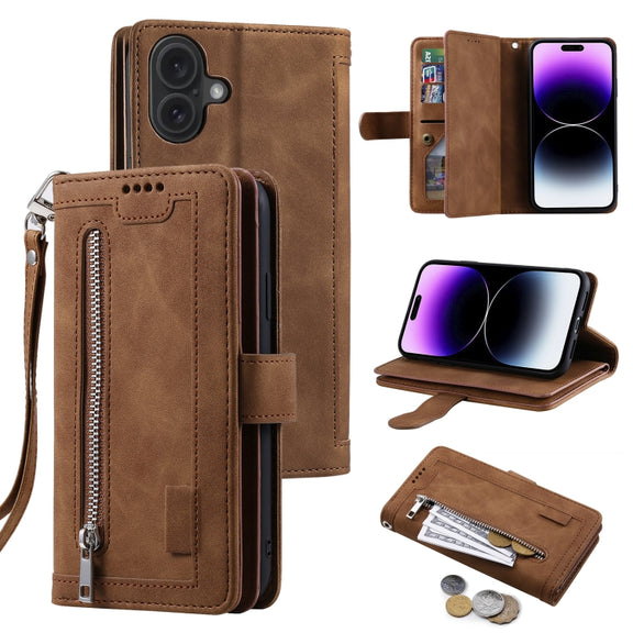 For iPhone 16 Nine Card Zipper Bag Leather Phone Case with Lanyard(Brown)