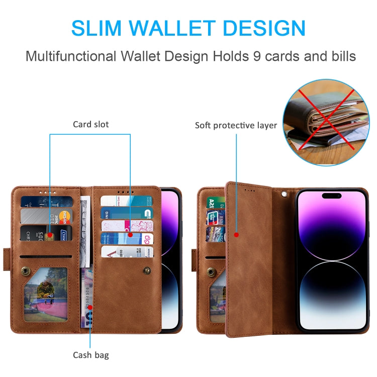 For iPhone 16 Nine Card Zipper Bag Leather Phone Case with Lanyard(Brown)