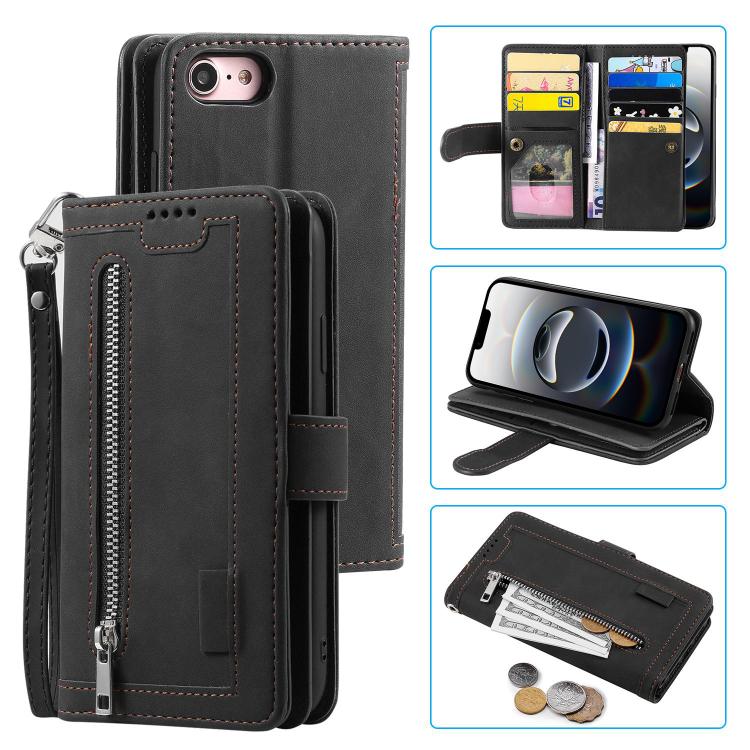 For iPhone 16e Nine Card Zipper Bag Leather Phone Case with Lanyard(Black)