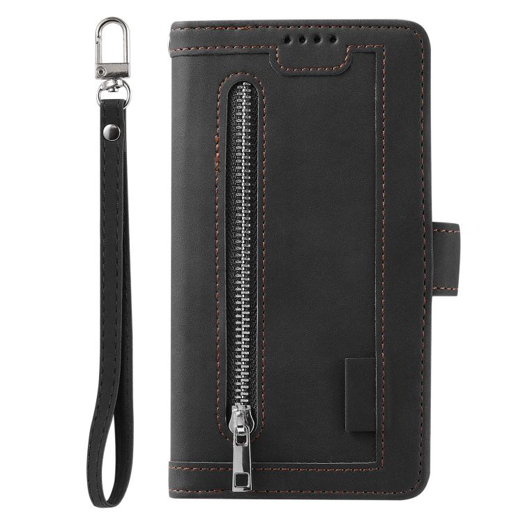 For iPhone 16e Nine Card Zipper Bag Leather Phone Case with Lanyard(Black)