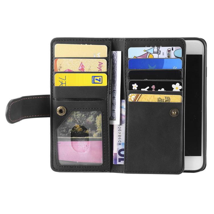For iPhone 16e Nine Card Zipper Bag Leather Phone Case with Lanyard(Black)
