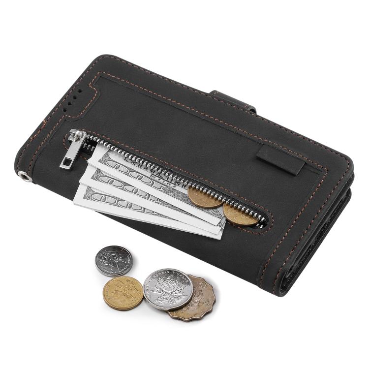For iPhone 16e Nine Card Zipper Bag Leather Phone Case with Lanyard(Black)