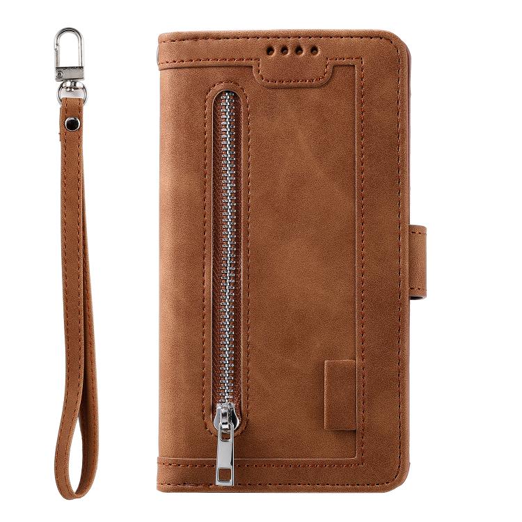 For iPhone 16e Nine Card Zipper Bag Leather Phone Case with Lanyard(Brown)