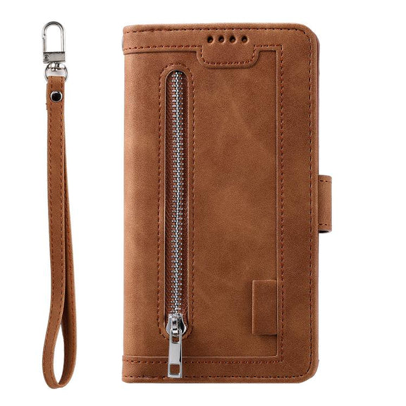 For iPhone 16e Nine Card Zipper Bag Leather Phone Case with Lanyard(Brown)
