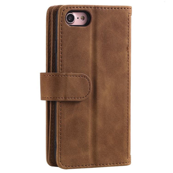 For iPhone 16e Nine Card Zipper Bag Leather Phone Case with Lanyard(Brown)