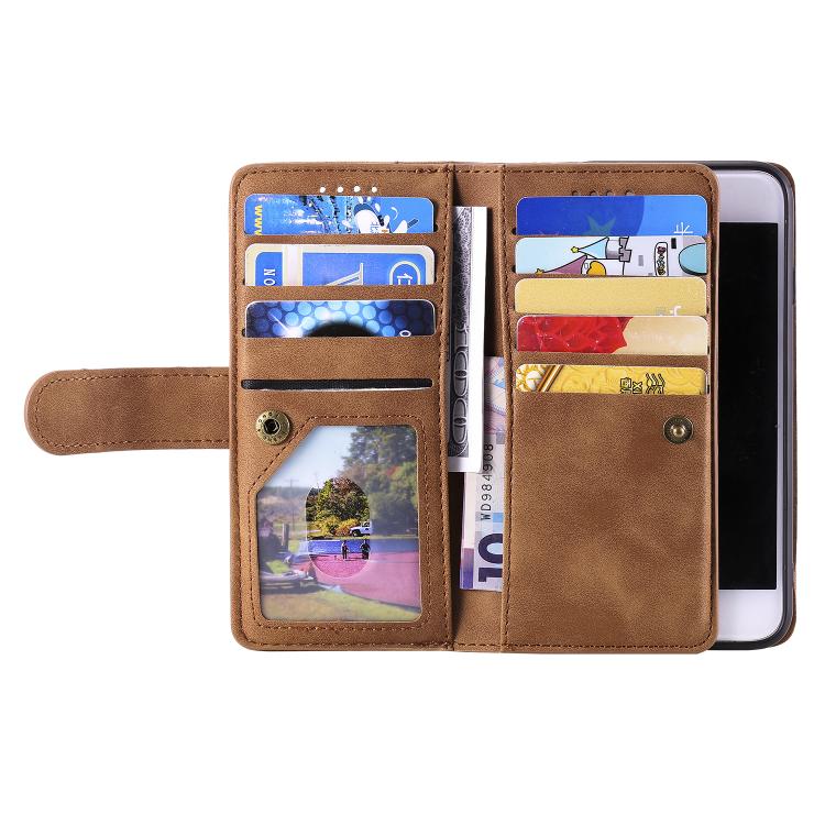 For iPhone 16e Nine Card Zipper Bag Leather Phone Case with Lanyard(Brown)