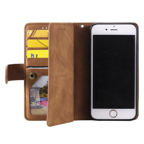 For iPhone 16e Nine Card Zipper Bag Leather Phone Case with Lanyard(Brown)
