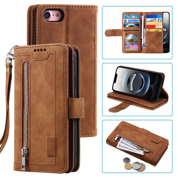 For iPhone 16e Nine Card Zipper Bag Leather Phone Case with Lanyard(Brown)