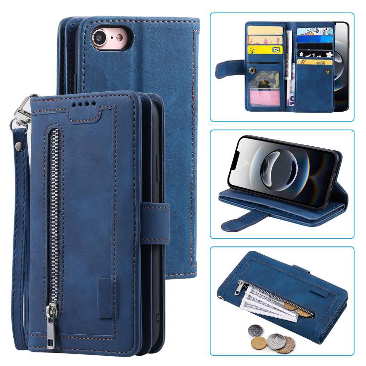 For iPhone 16e Nine Card Zipper Bag Leather Phone Case with Lanyard(Blue)