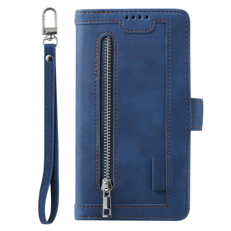 For iPhone 16e Nine Card Zipper Bag Leather Phone Case with Lanyard(Blue)