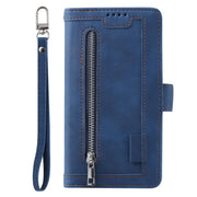 For iPhone 16e Nine Card Zipper Bag Leather Phone Case with Lanyard(Blue)