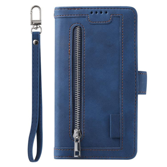 For iPhone 16e Nine Card Zipper Bag Leather Phone Case with Lanyard(Blue)