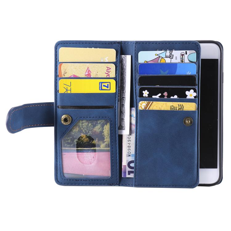 For iPhone 16e Nine Card Zipper Bag Leather Phone Case with Lanyard(Blue)