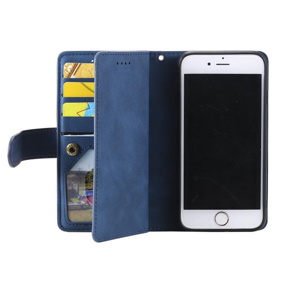 For iPhone 16e Nine Card Zipper Bag Leather Phone Case with Lanyard(Blue)