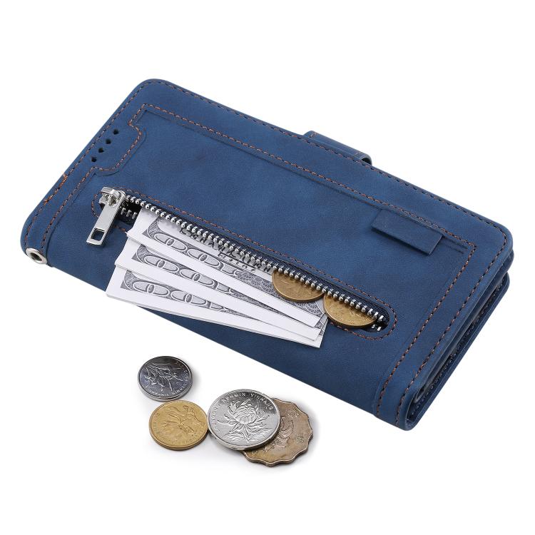 For iPhone 16e Nine Card Zipper Bag Leather Phone Case with Lanyard(Blue)