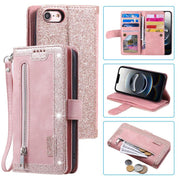 For iPhone 16e Nine Card Zipper Bag Leather Phone Case with Lanyard(Pink)